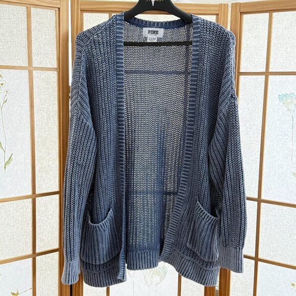 PINK Victoria's Secret Sweaters - Victoria's Secret Pink Blue Washed open front Cardigan Boho Cozy Chunky